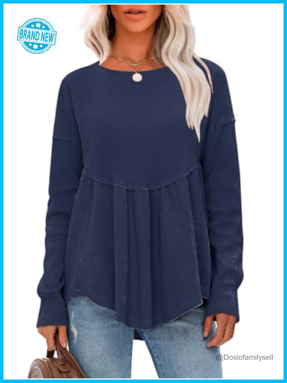 Waffle Knit Long Sleeve Tunic Top Crewneck Loose Babydoll Maternity